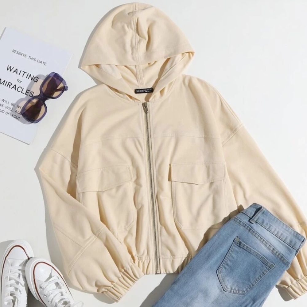 Dual Pockets Drop Shoulder Hooded Jacket